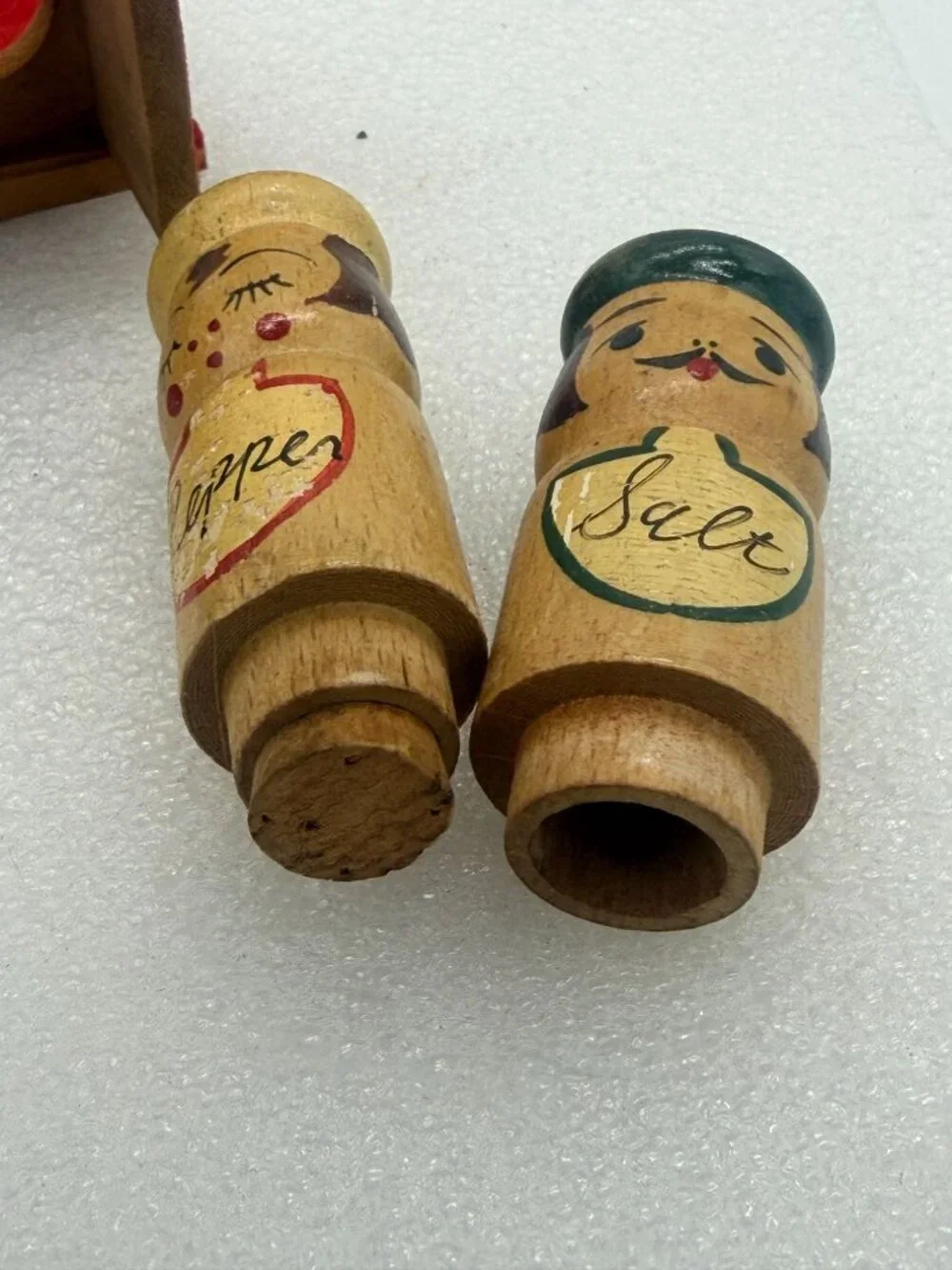 Vintage Wood Peg Chef Salt and Pepper Shakers and Red Bench Holder Japan